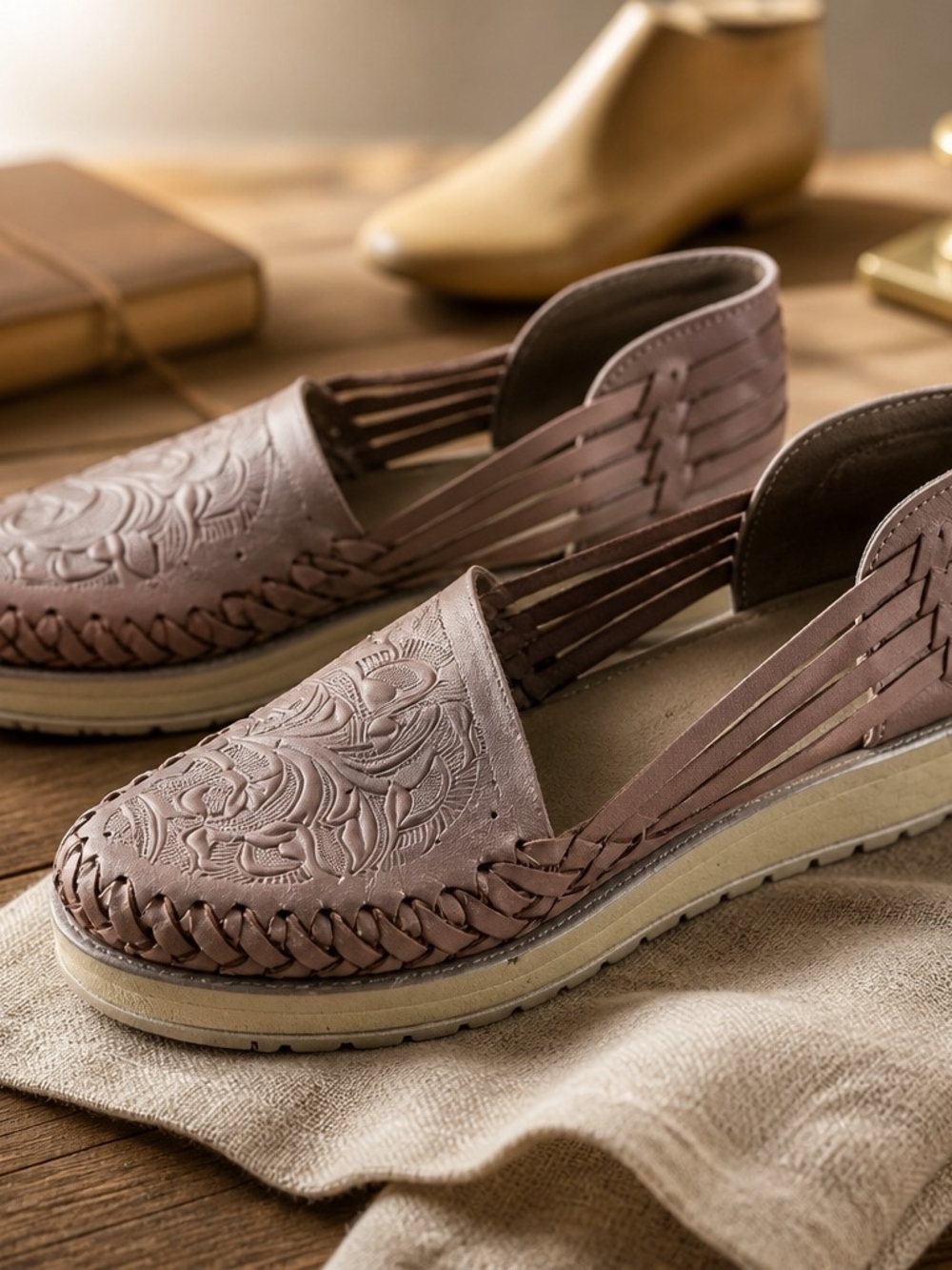 Woven Leather Espadrille Slip-On Flats in Mauve